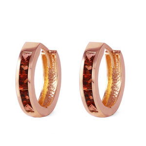 14K. SOLID GOLD HOOP HUGGIE EARRING WITH GARNETS (Rose Gold)
